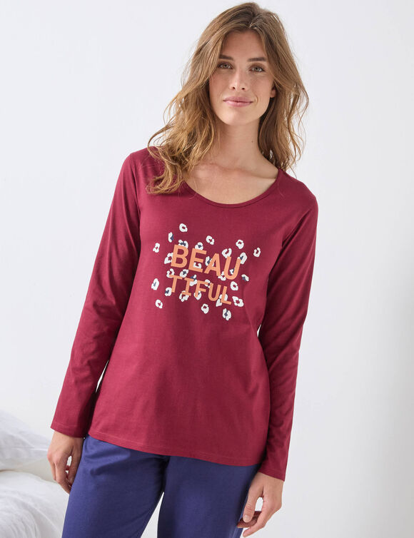 Tee-shirt manches longues coton uni imprimé placé "Beautiful" (bordeaux)