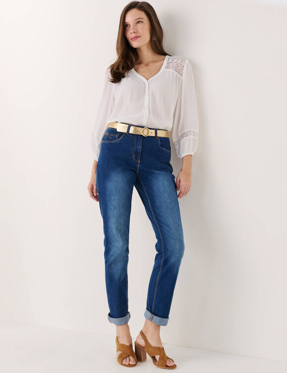 Chemisier col V boutonn&eacute;, cr&eacute;pon fluide macram&eacute; (blanc)