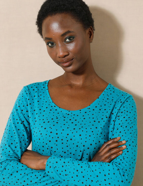 T-shirt imprim&eacute; pois en coton biologique(**) (bleu p&eacute;trole)