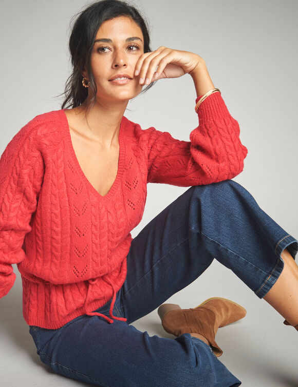 Pull col V maille fantaisie (rouge)