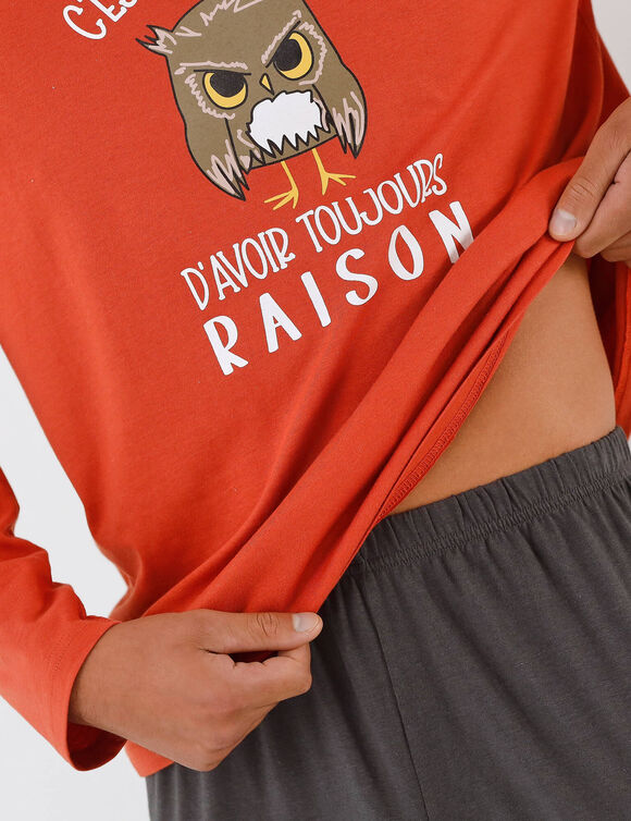 Pyjama message motif hibou manches longues  (orange / anthracite)