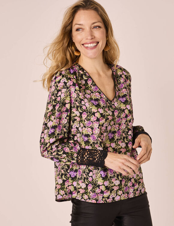 Blouse imprimé floral, détail dentelle (noir / violet)