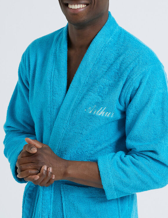 Effen badjas voor volwassenen met kimono-kraag, gepersonaliseerd &ndash; lusjesbadstof 380 g/m&sup2; (turkoois)