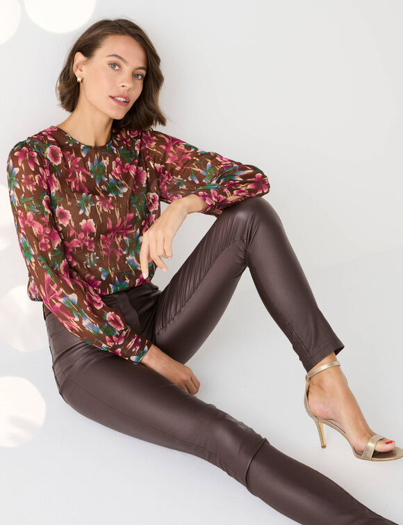 Chemisier manches longues imprimé fleuri et doré (chocolat / rose)