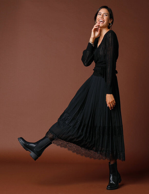Jupe longue plissée, bande de dentelle  (noir)