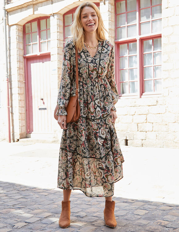 Robe longue volantée imprimée, crépon (kaki / rose)