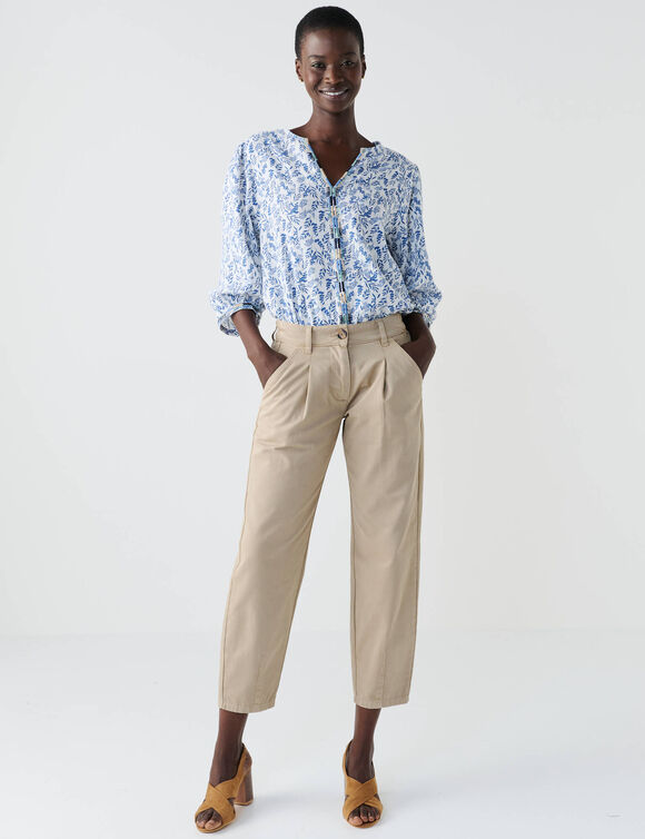 Geborduurde bloes in bedrukt katoen, 3/4-mouwen (blauw)