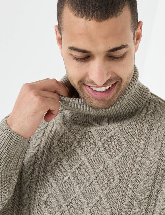 Pull col roul&eacute; maille irlandaise (taupe moulin&eacute;)