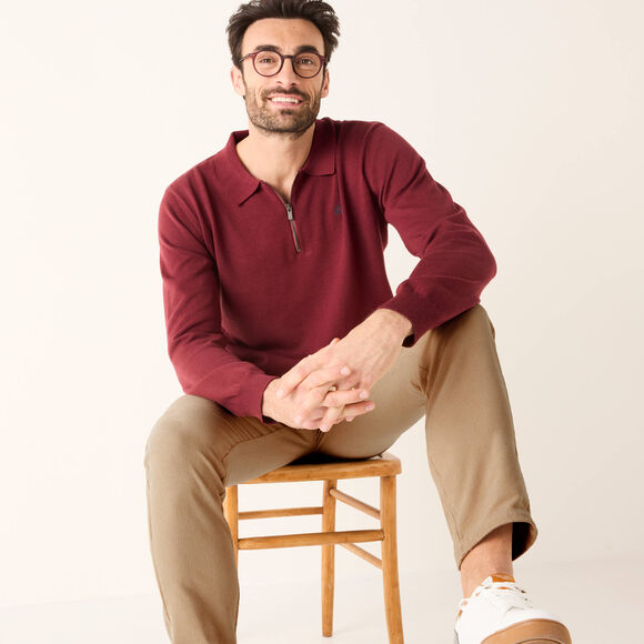 Pull fin col polo zipp&eacute; broderie poitrine (bordeaux)