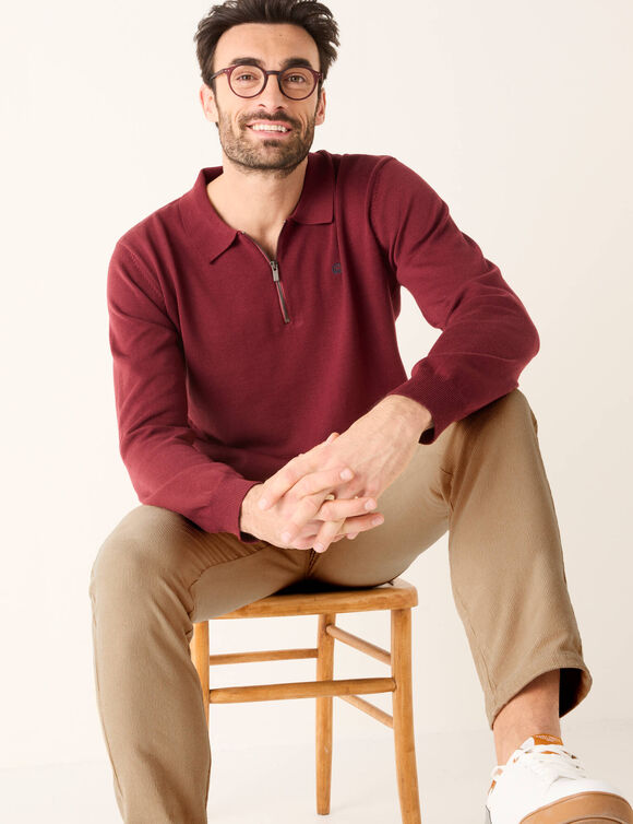 Pull fin col polo zippé broderie poitrine (bordeaux)
