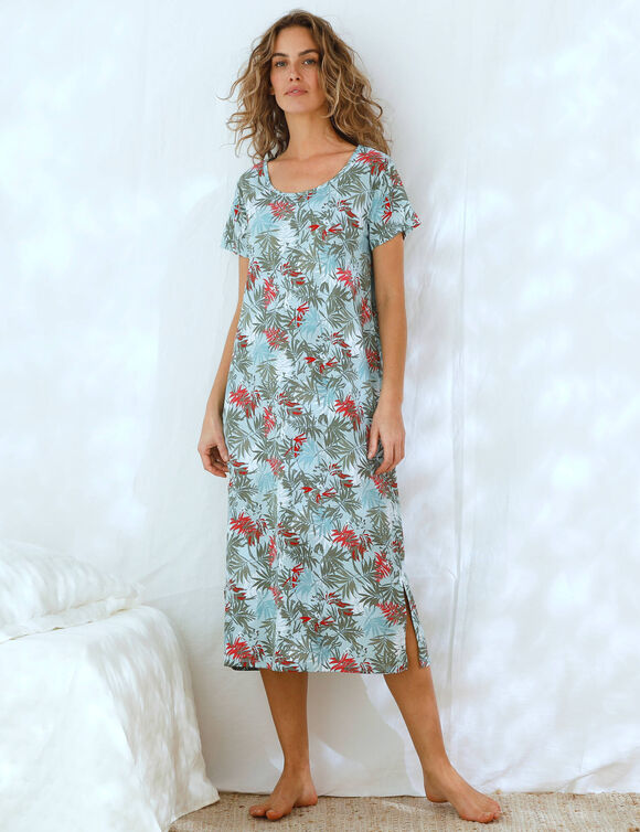 Chemise de nuit longue imprimée manches courtes - coton modal (bleu ciel)