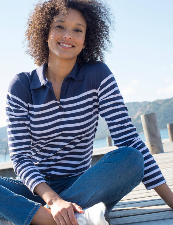 Polo ray&eacute; maille jersey (marine / blanc cass&eacute;)