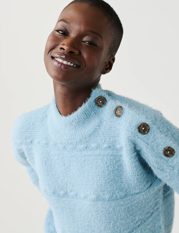 Pull col montant, maille poilue fantaisie (gris bleut&eacute;)