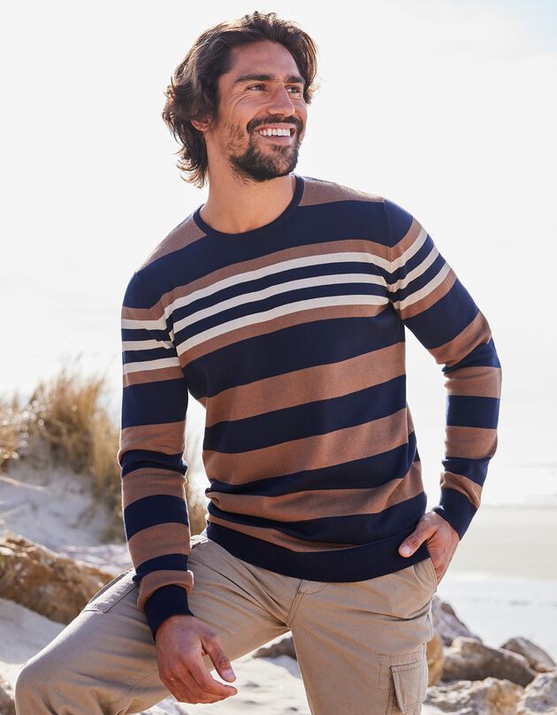 Pull rayé col rond manches longues (marine / cuivre)