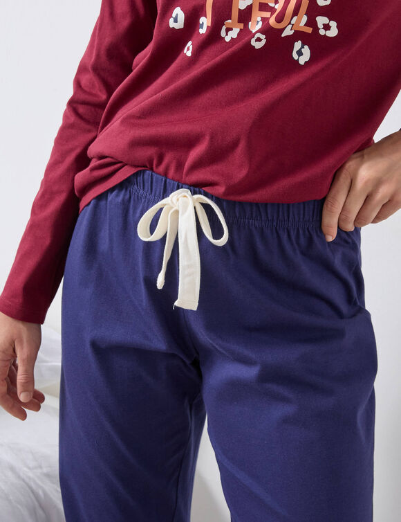 Pantalon pyjama coton Beautiful uni imprimé placé (bleu marine)