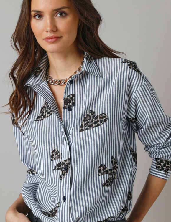 Chemise longue oversize en coton, rayures et imprim&eacute; (bleu / blanc)