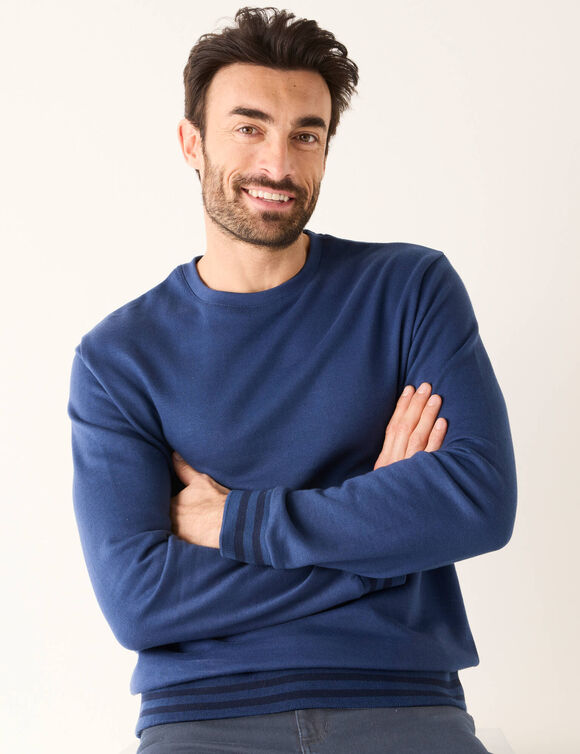 Sweat col rond molleton gratté détails rayés contrastés (bleu denim)