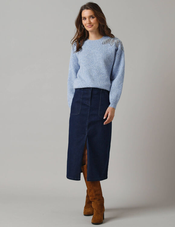 Pull col rond en laine m&eacute;lang&eacute;, empi&egrave;cement perles fantaisies (bleu)