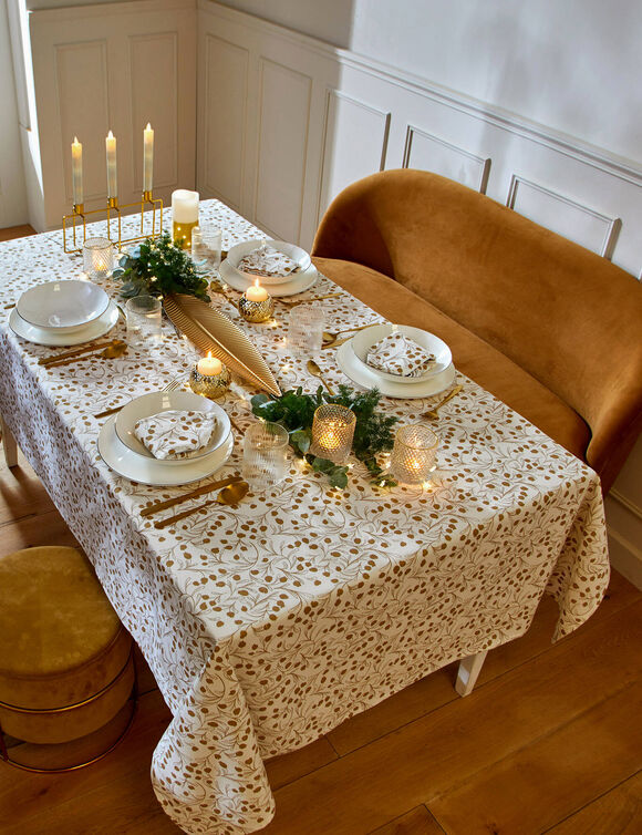 Tafellaken met goudkleurige blaadjesprint (wit / goudkleurig)