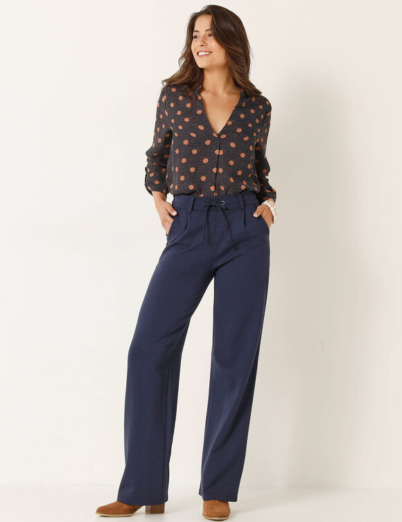 Blouse col tunisien imprimé pois, crêpe (marine / noisette)