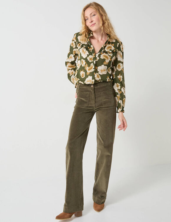 Blouse volantée imprimée floral, crépon (kaki)