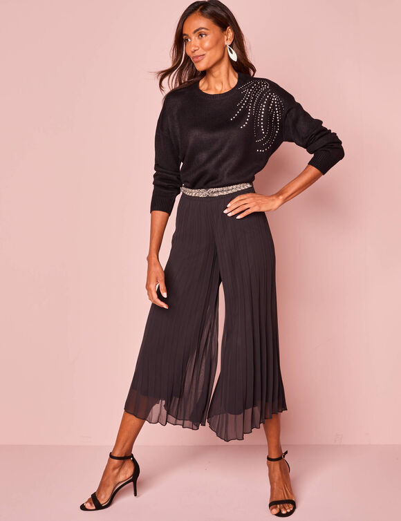 Pantacourt taille &eacute;lastiqu&eacute;e, voile pliss&eacute; (noir)