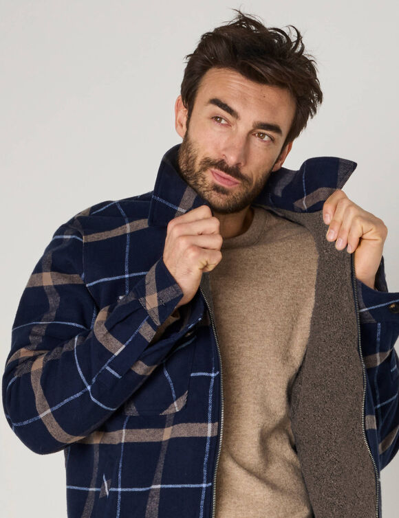 Blouson zipp&eacute; flanelle carreaux doublure sherpa (marine)