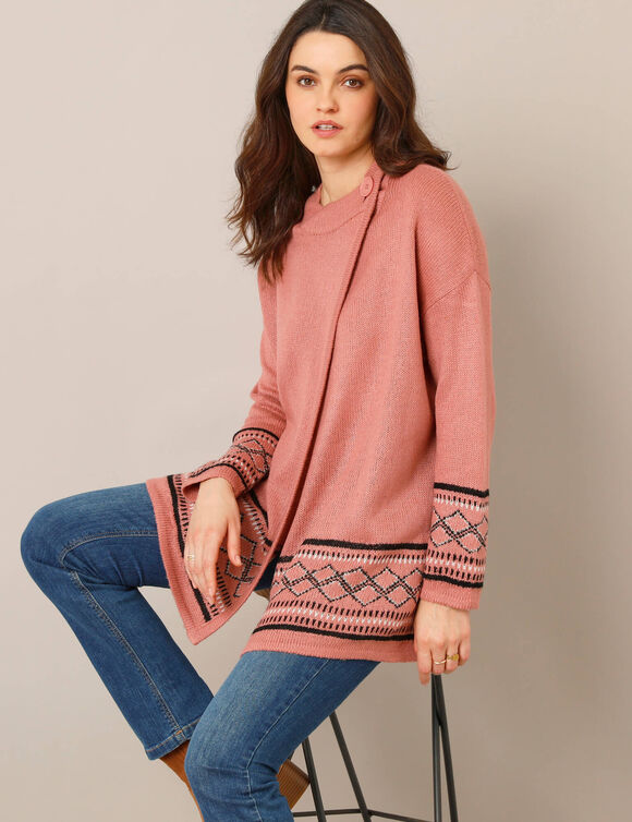Gilet cape base jacquard, col montant (rose grisé)