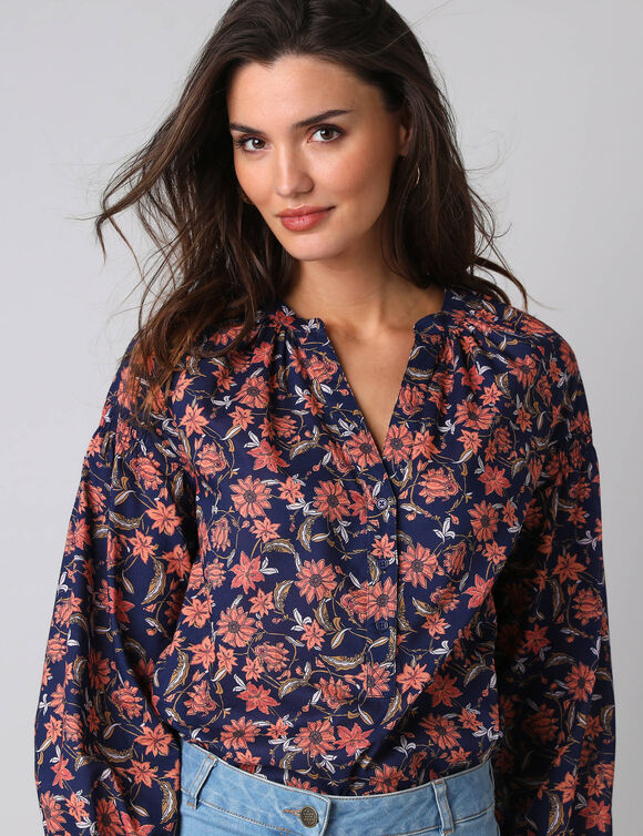 Blouse imprim&eacute;e manches blousantes (bleu)