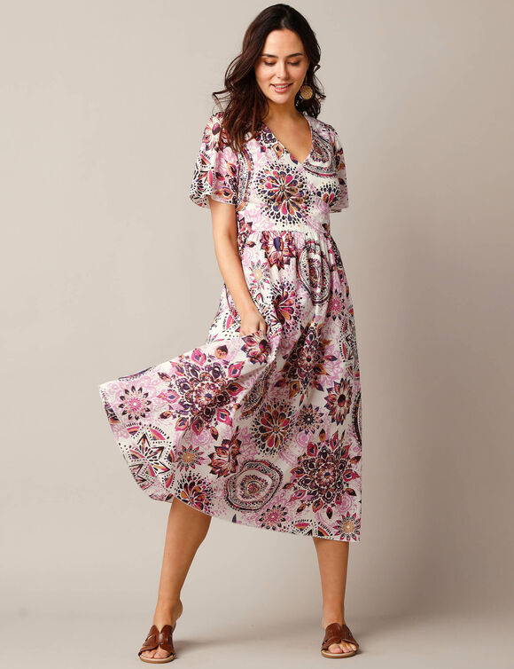 Robe longue évasée, coton imprimé (écru / violet)