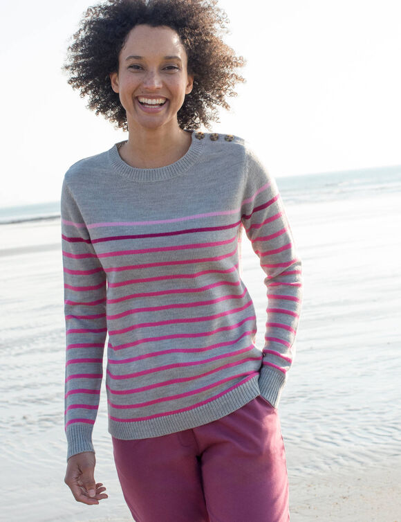 Pull col rond ray&eacute; marini&egrave;re, boutons &eacute;paule (gris chin&eacute; / rose)