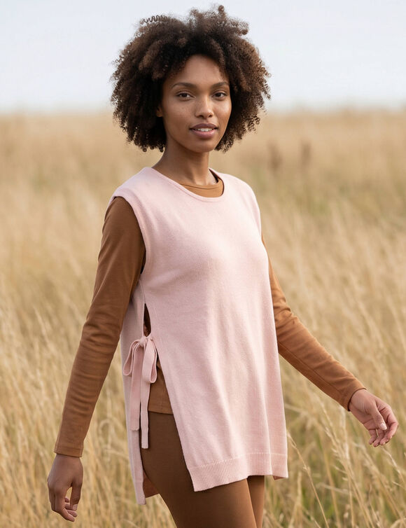 Pull tunique manches courtes avec liens &agrave; nouer, toucher doux (rose poudr&eacute;)
