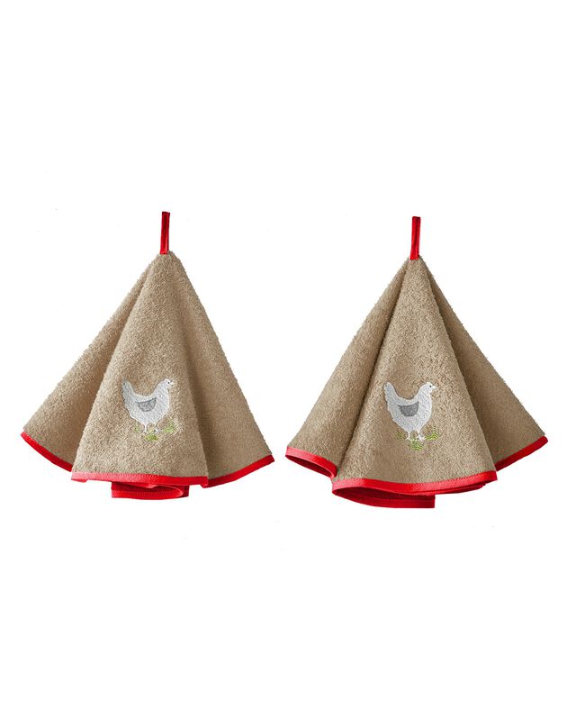 Torchons rond éponge brodée poule - lot de 2 (beige)