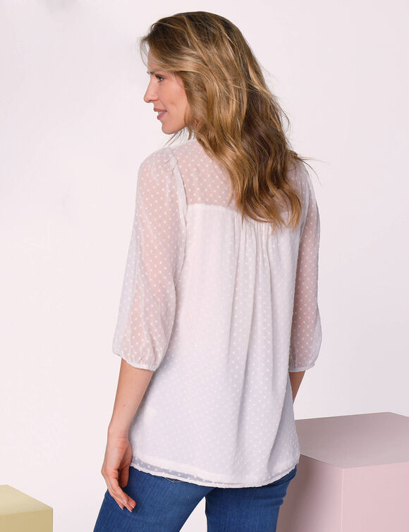 Blouse macram&eacute; unie, voile plumetis (blanc)