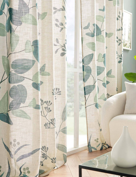 Gordijn met oogringen, bladerenprint (naturel / groen)