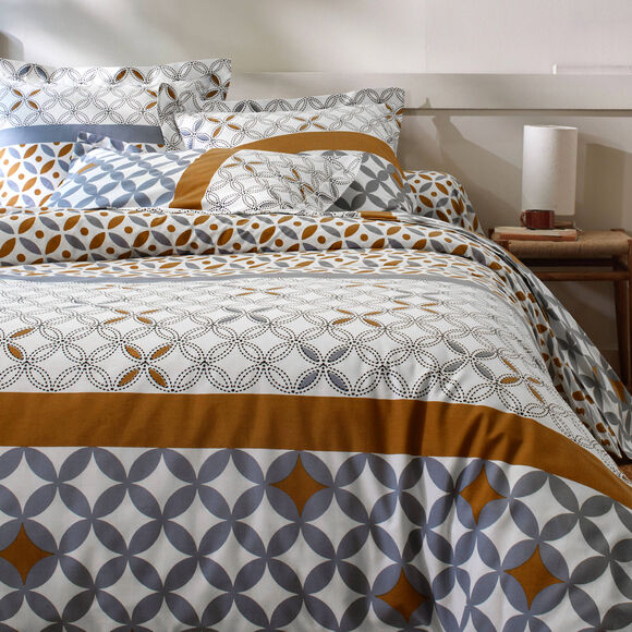 Linge de lit Marlow en coton motifs géométriques (gris / caramel)