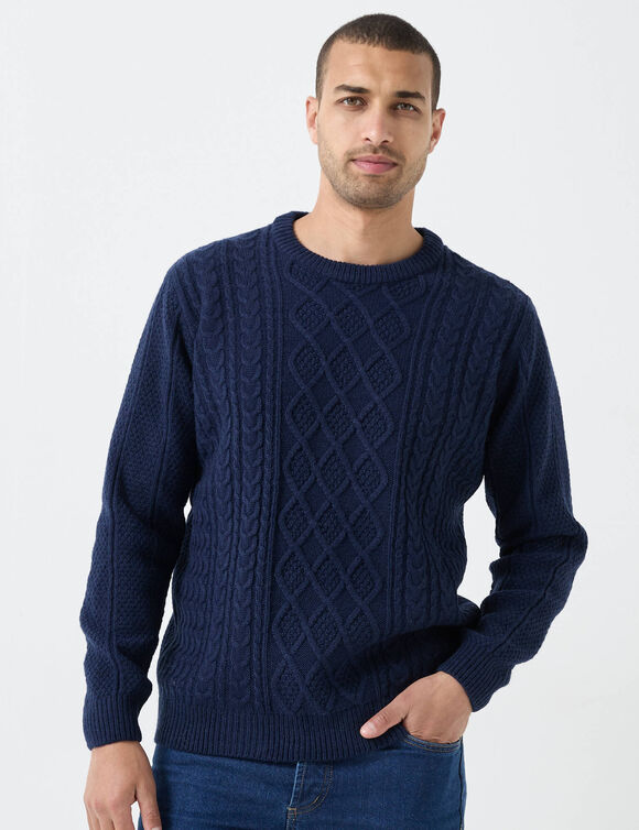Pull col rond maille irlandaise (marine)