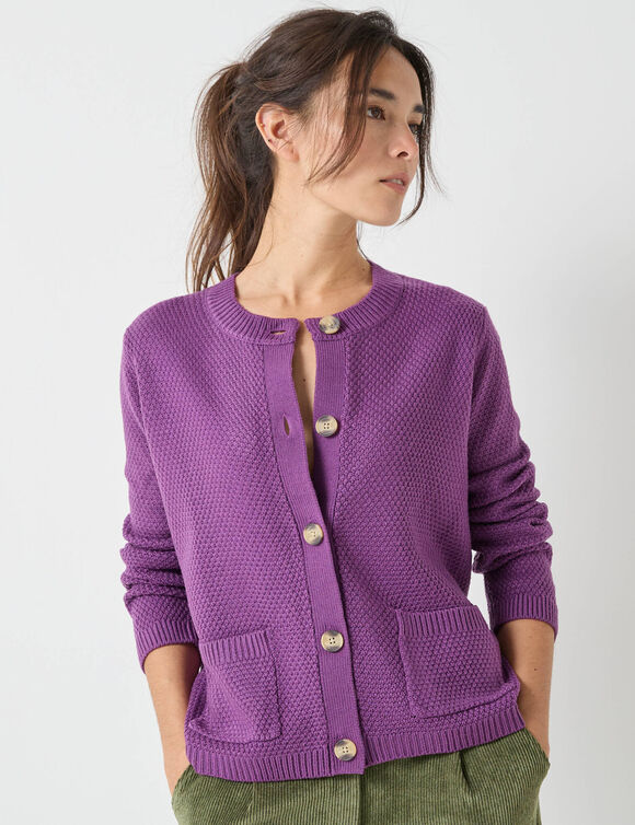 Gilet boutonn&eacute; manches longues, maille fantaisie (violet)
