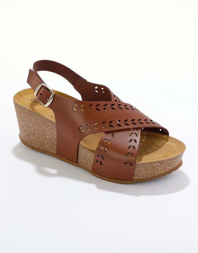Sandales compensées cuir ajouré (caramel)