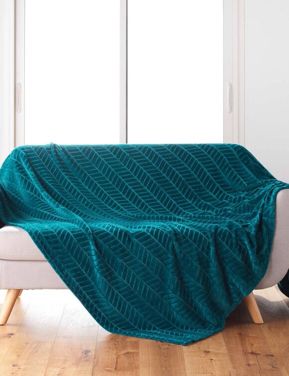 Plaid polaire reli&eacute;f&eacute; toucher peluche  (bleu canard)