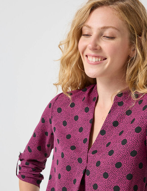 Blouse col tunisien imprimé pois, crêpe (violine / noir)