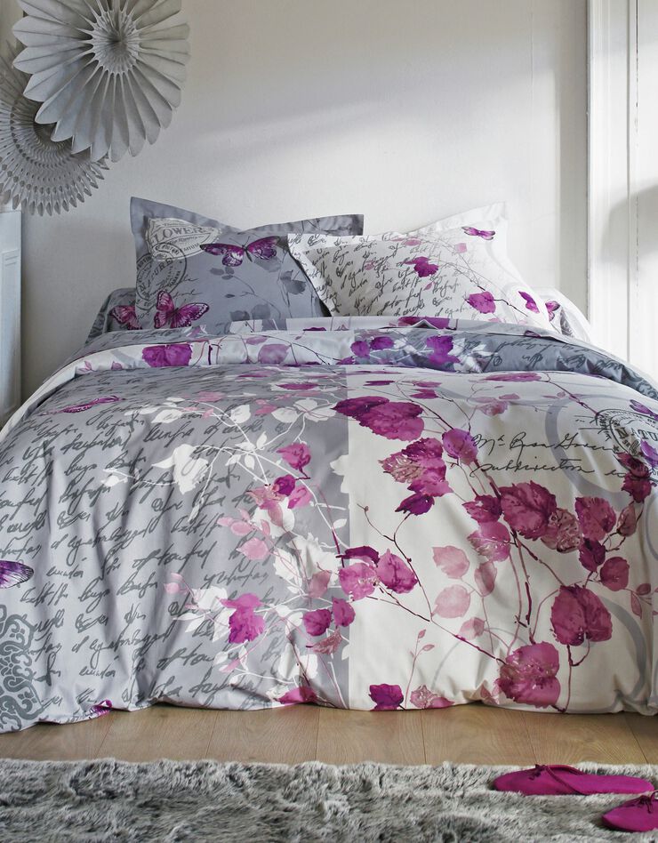 Linge de lit Célestine en coton imprimé fleurs et papillons, gris / parme, hi-res image number 1