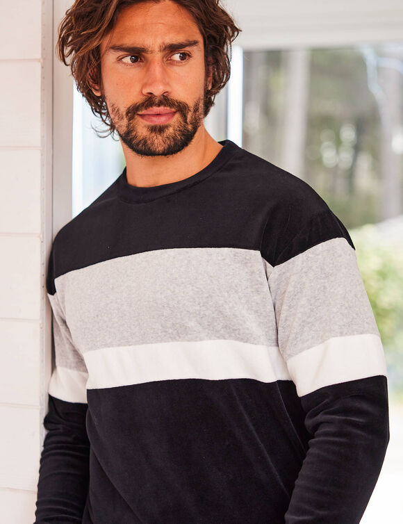 Pyjama tricolore velours manches longues (gris)