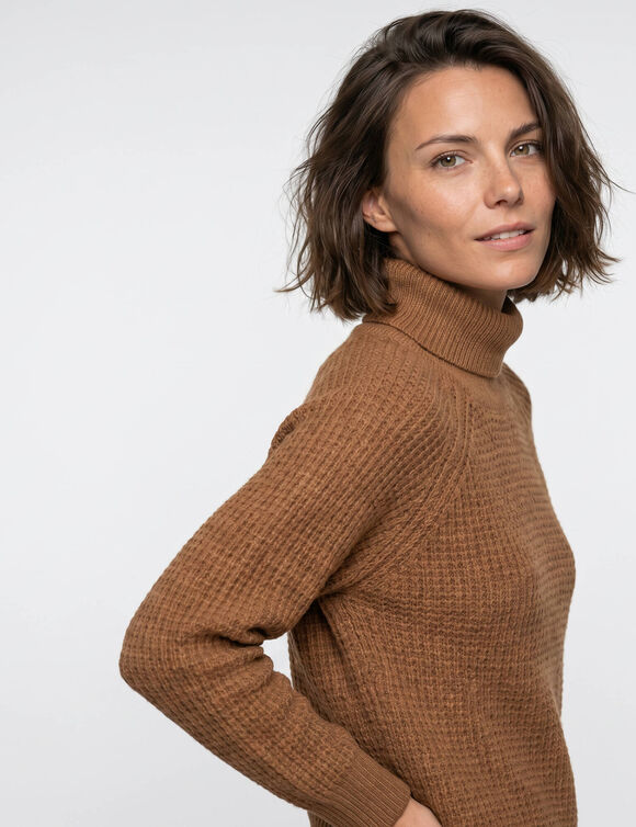 Pull col roul&eacute; en maille fantaisie (noisette)