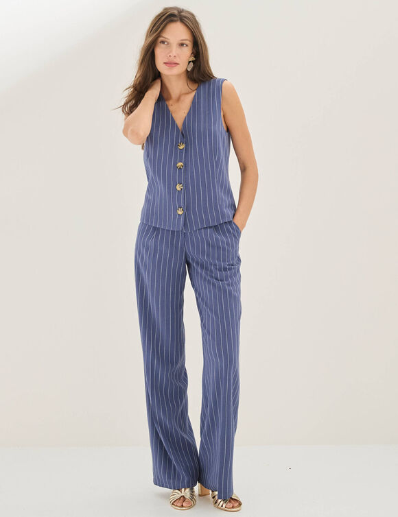 Veste style cafetier sans manches ray&eacute;e, viscose-lin (bleu)