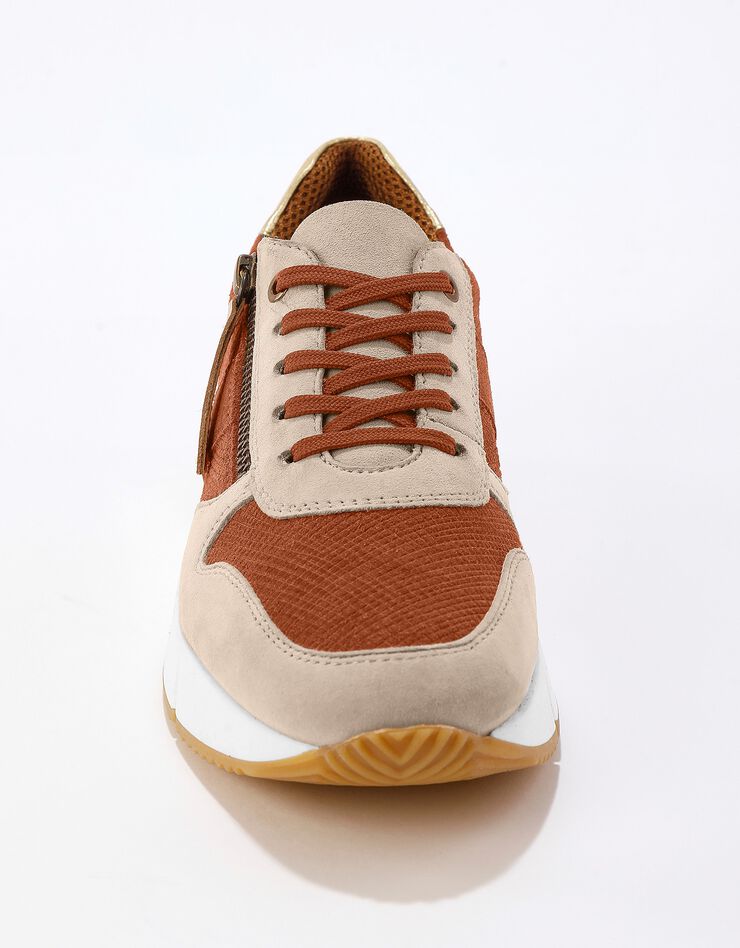 Baskets style running zippées en cuir bimatière femme - brique, brique Baskets style running zippées en cuir bimatière femme - brique, brique, hi-res image number 3
