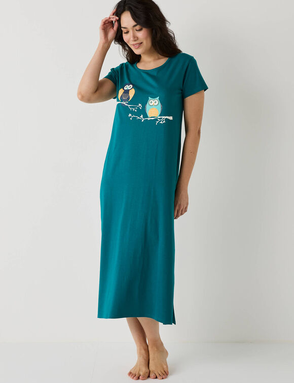 Chemise de nuit longue manches courtes motifs "hiboux" (vert sapin)