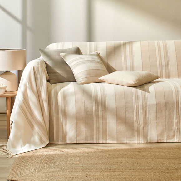 Plaid jet&eacute; multicolore coton tissage artisanal (sable)
