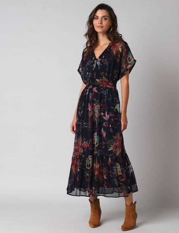 Robe longue col V, voile imprim&eacute; floral (marine / veelkleurig)