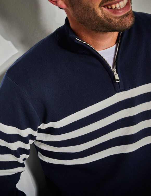 Pull rayé col polo zippé maille serrée (marine)